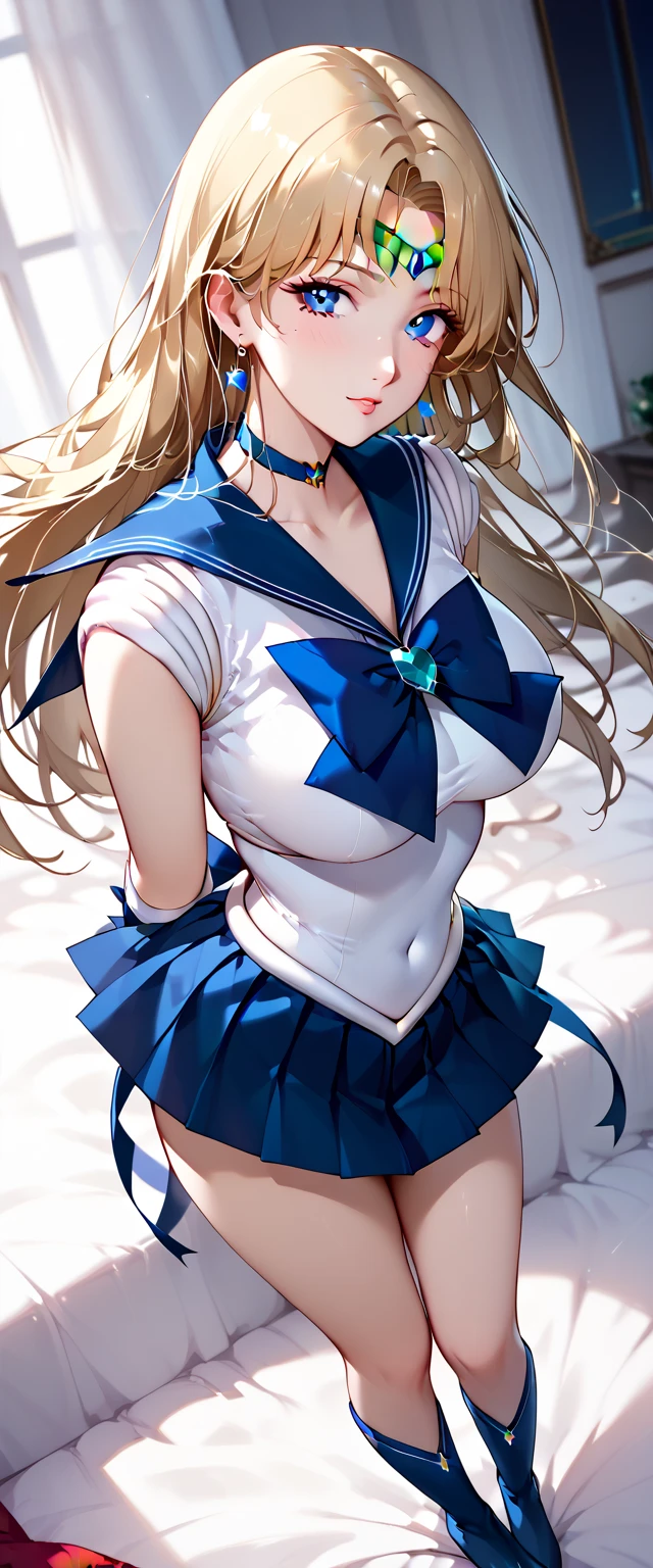 Kizi, nur:
Stil: Anime (Sailor Moon)
Quality: Graceful
Quality: Compassionate hair: lang, flowing hair in a vibrant shade of blonde, with two cute buns on top of the eye color: large, funkelndes blaues Augen-Outfit: Wears the iconic Sailor Moon uniform, consisting of a white jersey with a blue sailor collar, ein blauer Faltenrock, und eine largee rote Schleife auf ihrer Brust. Accessoires: Adorned with a tiara on her forehead, passende blaue Ohrringe, and white ones, ellenbogenlange Handschuhe Pose: Aufrecht stehend, one hand on the hip, while the other holds a wand, that emits a gentle sound, funkelnder Glanzausdruck: Her gaze is gentle and compassionate, mit einem Licht, serene smile on her lips