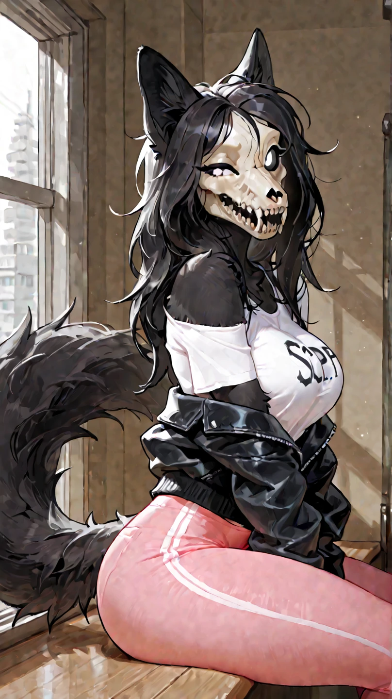 A scary human girl looking like a animal in four support position on the ground holding a dead bloody squirrel in her mouth with savage look in a house's backyard terror style