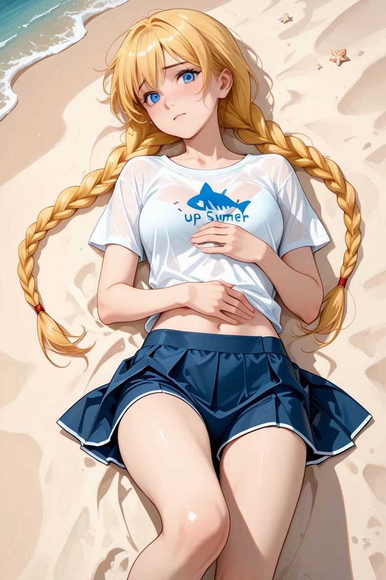 2 girls, (detailed blue eyes, lange wimpern, detailed beautiful face:1.1), 4k quality, twintails, Haare Seiten nach oben, (Long blonde hair:1.4), (arms behind back:1.3), (big breasts:1.5), Red rope, (blushing:1.3), erina nakiri, long hair, orange hair, hair between eyes, (black skirt, White crop top, school girl, 17 jears old:1.4), (bondage:1.3), erhobene Augenbrauen, pralle Brüste, OTN, Gag, gagged, (laying in water:1.5), wet, (near a Public beach with many people:1.5), wet clothes