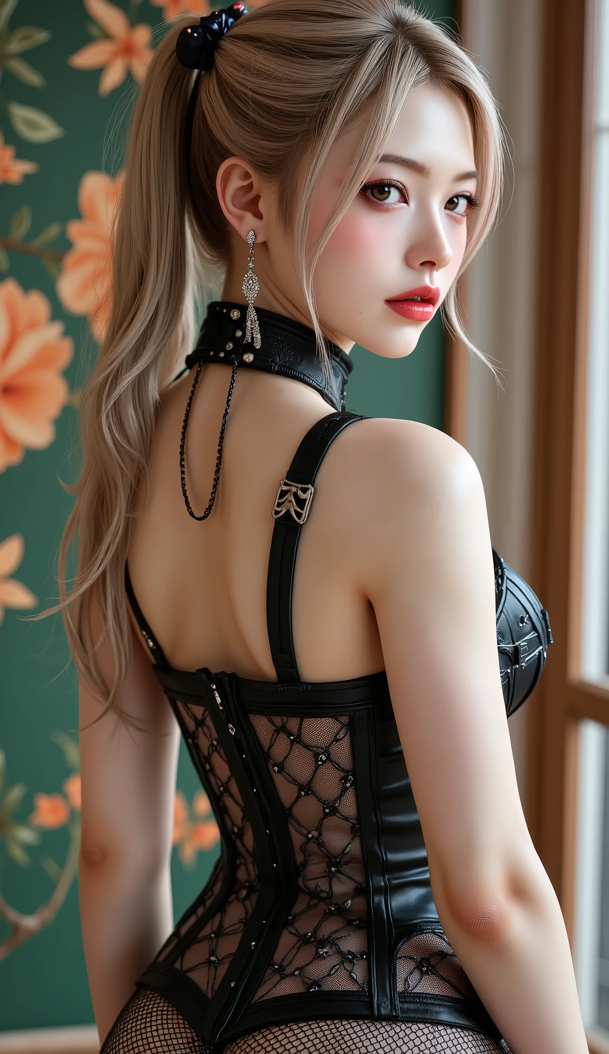  [Style: - "8k, masterpiece, realistic, photorealistic realism, hyper high resolution" - "highest quality, intricate, ultra-detailed digital art, (ultra_detailed, UHD:1.2)"] (Key Directive: - "The priority is the anatomical accuracy and texture of the materials" - "Ultra-sharp human eyes with biological accuracy") available materials [((leather)), ((jewelry)), bracelets, pendants, earrings], I encourage you to draw them at the same time, {Character: "((full body shot:1.3)), [beautiful girl , perfect female skinny body], full bodyesbian, ((Beautiful long legs in good style:1. 25)) aaverage butt: "(firm, protruding buttocks)", (perfect hot model body:1 . 4) (slim belly: 1 . 2) (muscular body) ((firm and full breasts:1.4))]" | Face: "full lips, pink lipstick, intense gaze" | Eyes: - "((sharp focus, no blurry eyes, Hyper absurd quality, Hyper details, Hyper realistic brown eyes:1.3))" - "((extra narrow eyebrows))" - "(Carefully draw Long blue_mascara:1.2)" - "(perfect round eyes)" full bodyesbian, High Contrast, muted colors, long legantasy style)),((no Pantieposing thighs)),(elegant dress style, (long dress), no_panties, curvy), (wraps around the hips:1.35), [black latex:1.21], (white lace: 1.3), long legs ((white, eye-catching, high heels:1.35)), ((Cleo Garter Thigh Highs Fishnet Stockings)), ((long legs)) , ((Long Messy pink Pony with Braid , {"((turning back , back shot:1.4))"} , ((Intricately detailed multi-layer lace corset):1.3), ((green and orange background)), (Rendering engine: "Unreal Engine 5 path tracing, 16K texture maps") | The ultra-Highres,Unreal 5,Subsurface scattering,PBR Texturing,Post-Processing,Anisotropic Filtering,depth of fields,Maximum Sharpness and Sharpness,multi-layered texture,Albedo and Specular maps,Surface Shading,Precise simulation of light-material interactions,perfectly proportions,Octane rendering,Two-tone illumination, Wide Aperture, low ISO, white balance, The rule of thirds