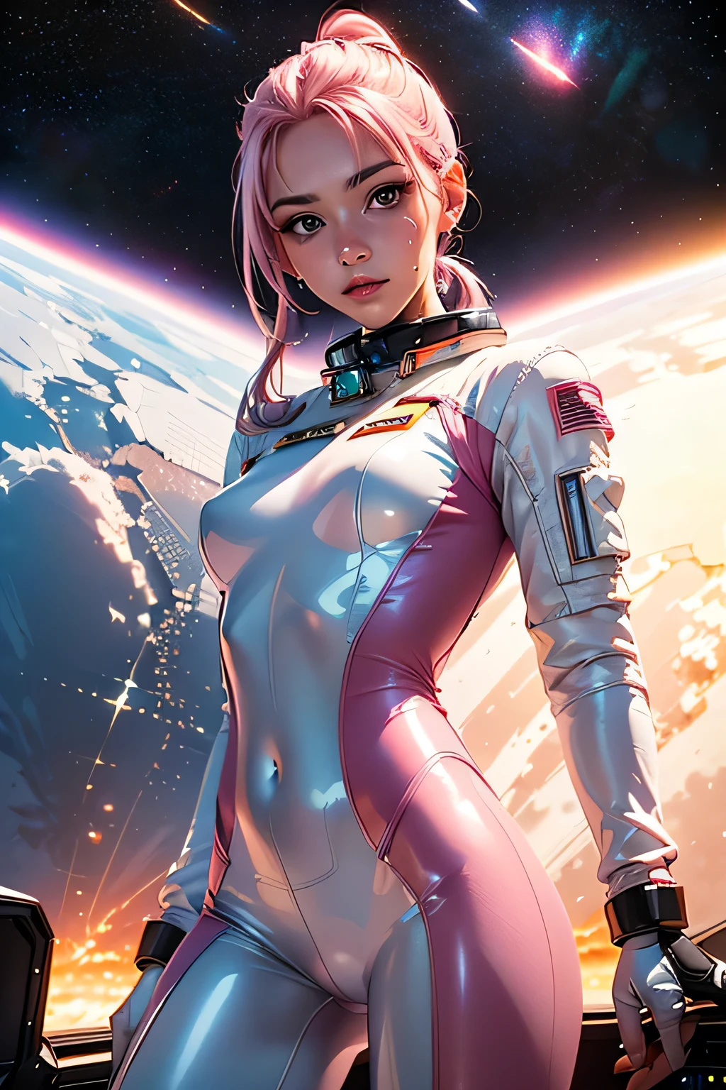 a cute girl wears sexy pink astrosuit with helmet, (floating in a space background:1.5),masterpiece, best quality, (cinematic lighting), good hand,finely detailed suit, sharp focus,
