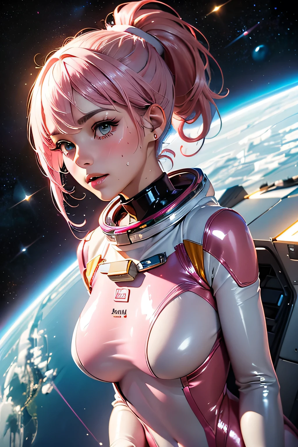 (best quality, masterpiece), 1girl, pose, particle, wind, flower, upper body, simple background, looking at viewer, pink hair, galaxy, space suit,