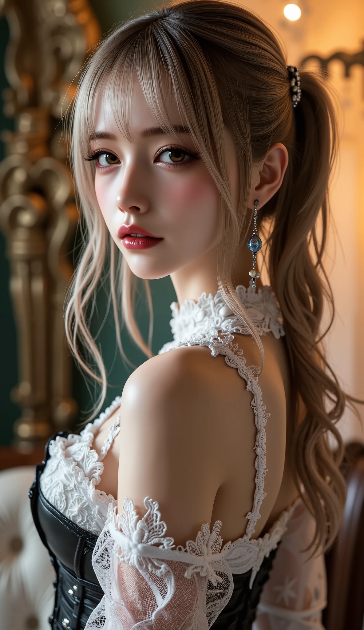  [Style: - "8k, masterpiece, realistic, photorealistic realism, hyper high resolution" - "highest quality, intricate, ultra-detailed digital art, (ultra_detailed, UHD:1.2)"] (Key Directive: - "The priority is the anatomical accuracy and texture of the materials" - "Ultra-sharp human eyes with biological accuracy") available materials [((leather)), ((jewelry)), bracelets, pendants, earrings], I encourage you to draw them at the same time, {Character: "((full body shot:1.3)), [beautiful girl , perfect female skinny body], full bodyesbian, ((Beautiful long legs in good style:1. 25)) aaverage butt: "(firm, protruding buttocks)", (perfect hot model body:1 . 4) (slim belly: 1 . 2) (muscular body) ((firm and full breasts:1.4))]" | Face: "full lips, pink lipstick, intense gaze" | Eyes: - "((sharp focus, no blurry eyes, Hyper absurd quality, Hyper details, Hyper realistic brown eyes:1.3))" - "((extra narrow eyebrows))" - "(Carefully draw Long blue_mascara:1.2)" - "(perfect round eyes)" full bodyesbian, High Contrast, muted colors, long legantasy style)),((no Pantieposing thighs)),(elegant dress style, (long dress), no_panties, curvy), (wraps around the hips:1.35), [black latex:1.21], (white lace: 1.3), long legs ((white, eye-catching, high heels:1.35)), ((Cleo Garter Thigh Highs Fishnet Stockings)), ((long legs)) , ((Long Messy pink Pony with Braid , {"((turning back , back shot:1.4))"} , ((Intricately detailed multi-layer lace corset):1.3), ((green and orange background)), (Rendering engine: "Unreal Engine 5 path tracing, 16K texture maps") | The ultra-Highres,Unreal 5,Subsurface scattering,PBR Texturing,Post-Processing,Anisotropic Filtering,depth of fields,Maximum Sharpness and Sharpness,multi-layered texture,Albedo and Specular maps,Surface Shading,Precise simulation of light-material interactions,perfectly proportions,Octane rendering,Two-tone illumination, Wide Aperture, low ISO, white balance, The rule of thirds