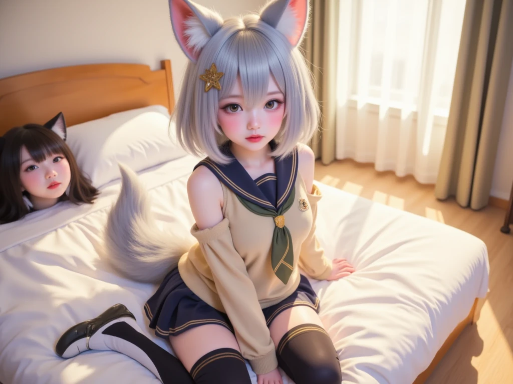 There is a woman with cat ears, Anime girl cosplay, Attractive cat girl, beautiful young catgirl, Anime cosplay, cosplay, very beautiful cute catgirl, anime catgirl, full-cosplay, professional cosplay, Cat woman, rpgmaker, cosplay foto, realistic cosplay, White Cat Girl, White-haired fox, 2b,Gamepad in hand,The chest is large!Large breasts,Bare breasts,cleavage