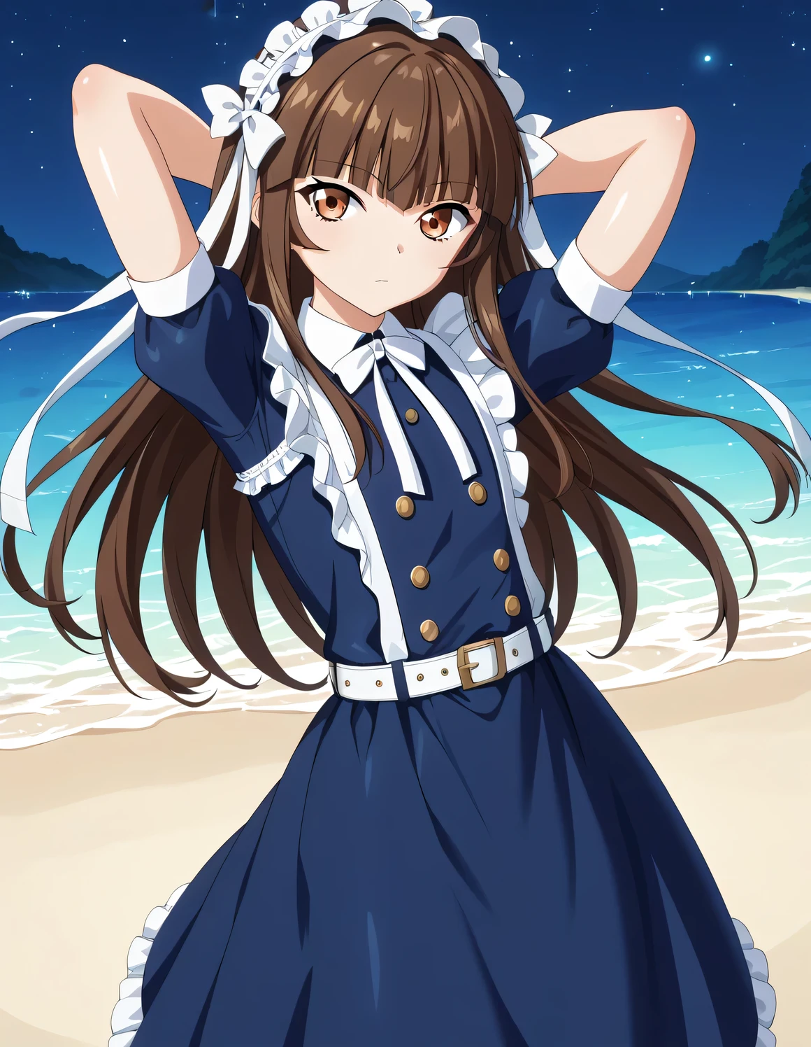  ten'i, source_anime, masterpiece, anime screencap, shiny skin, 
1girl, long hair, brown hair, bangs, brown eyes, maid headdress, blue dress, white ribbon, frills, belt,  high quality, solo, cowboy shot, (contrapposto), (hands behind head), closed mouth, night sky, beach, looking at viewer, expressionless, best quality