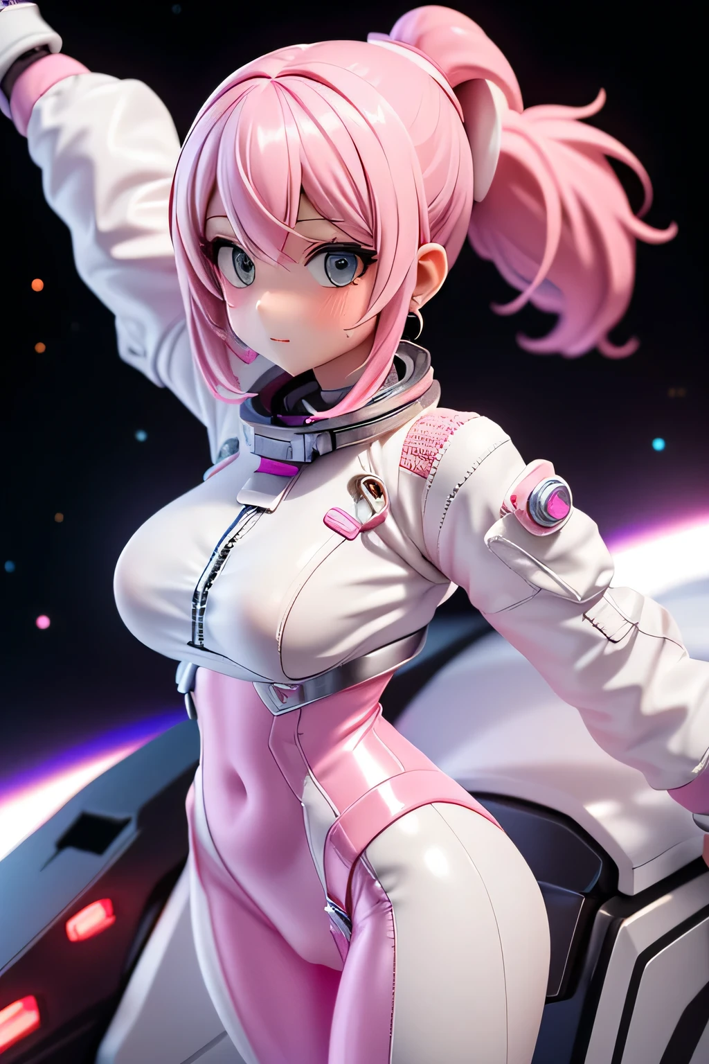 perfect anatomy top quality,highest resolution,(((shiny white and light pink spacesuit bodysuits shiny pink hair Shiny Skin ponytail sweat girl ))) unlimited routes Space Opera spaceship cockpit Space Battleship