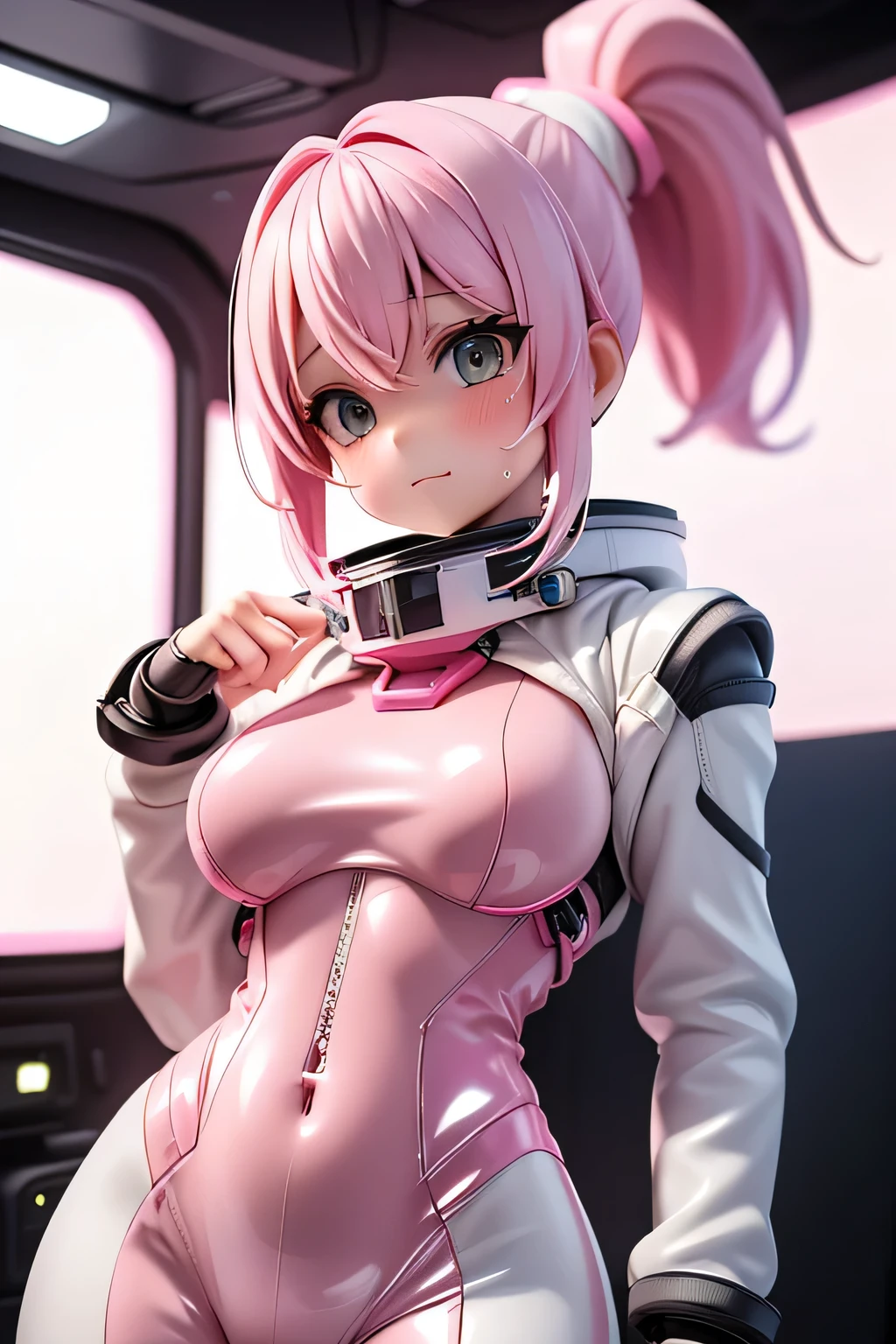 perfect anatomy top quality,highest resolution,(((shiny white and light pink spacesuit bodysuits shiny pink hair Shiny Skin ponytail sweat girl ))) unlimited routes Space Opera spaceship cockpit Space Battleship
