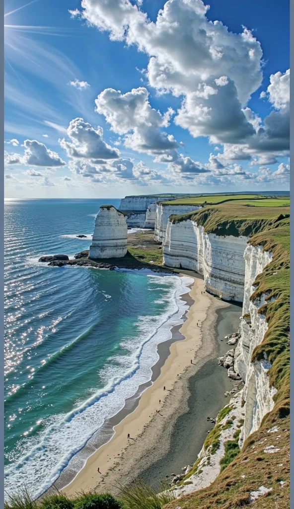 a sea and the continent in the background looking like the white cliffs of Dover