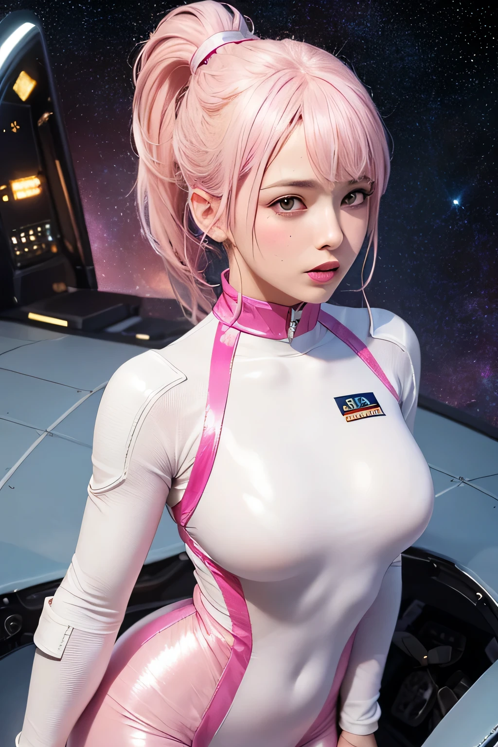 (Place your index finger on your chin, bend the index finger, Shiny rubber suit, gazing at viewer, Leaning forward, 1 girl, Looking at Viewer, from the front side, facing straight at viewer, white and pink clothes, White Gloves, futuristic spacesuit, Inside the spaceship room), Smile, Upper body, body suit, Mini Pencil Skirt, High neck clothing, Hide the neck, drooping eyes, Head tilt, masutepiece, Best Quality, an extremely cute girl, 27 years old, Black and pink hair, blue line in the center of the clothes