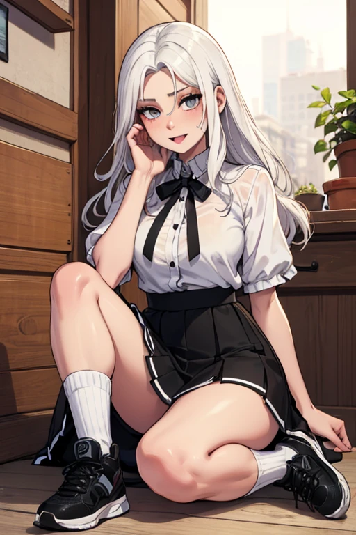 Best Quality, ultra-detailliert, very detailed illustration, silber hair, Aimei, embarrassed from,breastsout,((Suspender Skirt)),shed tears,a bed,laying on back,Black tie,