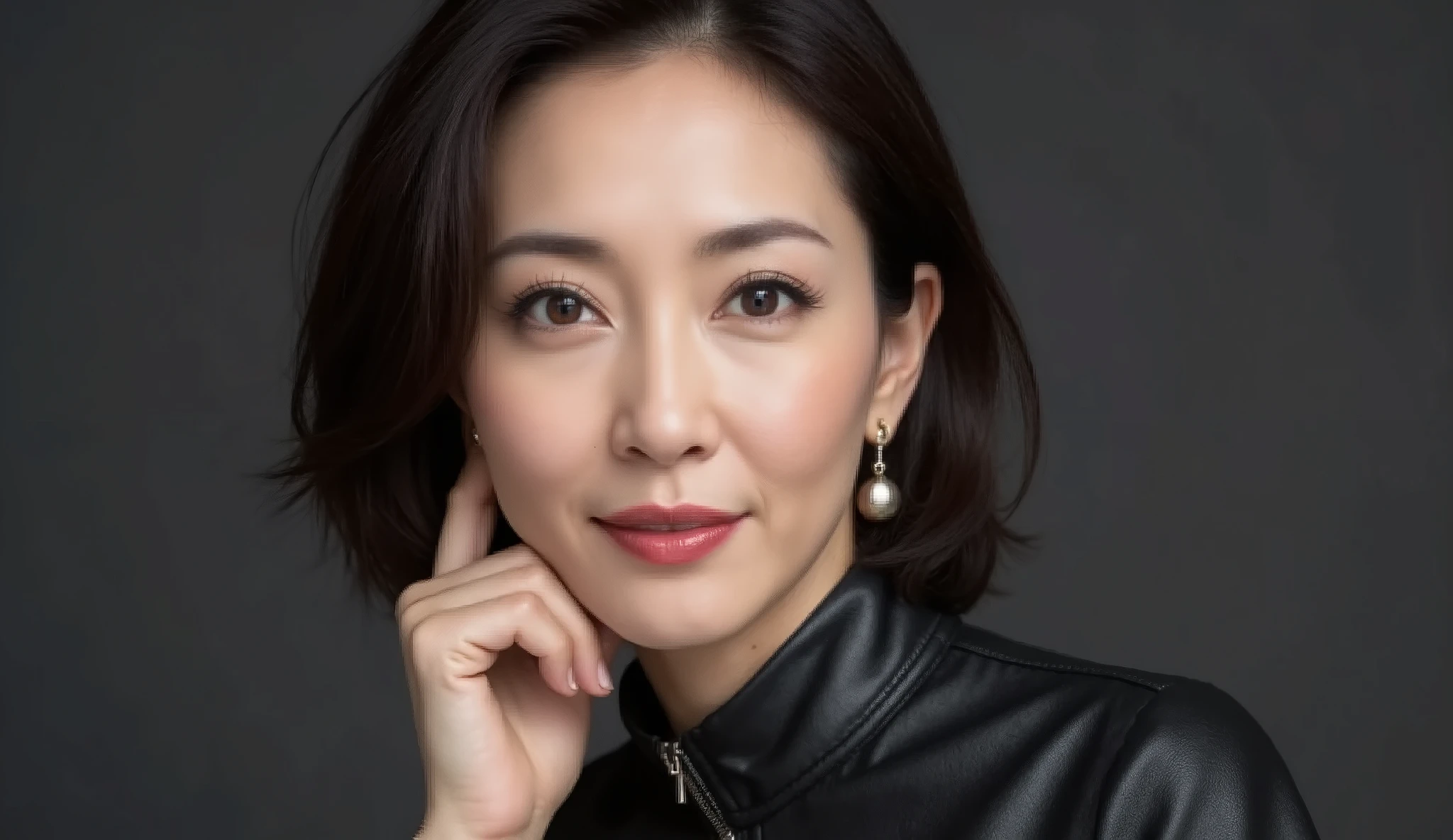 Close up of a 48-year-old elegant Japanese woman wearing a black leather high neck top with short zipper detail, seamless dark gray background . she has wavy hair, delicate laugh lines , and a bewitching smile . makeup includes lipstick (1.1), eyeliner (1.2), mascara, and eyeshadow , sophisticated girlfriend that enhances beauty . The frame focuses on the upper body , Against the backdrop of、Gently supporting her chin with her fingertips、in a sophisticated pose . Shoot in high resolution, This image is a masterpiece of the highest quality 、 The focus is sharp , depth of field, and physical-based rendering . The lighting highlights the shiny texture and unrivaled beauty of the leather .
