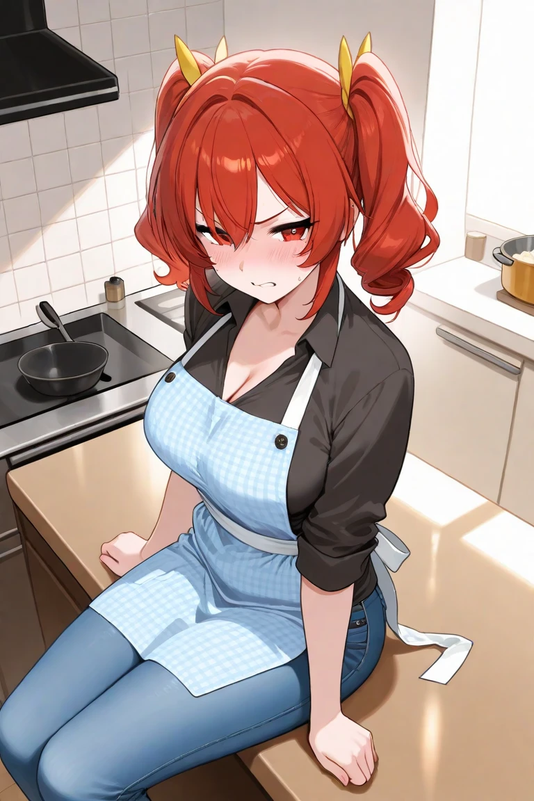hmanga, (best quality, masterpiece:1.2), ultra detailed, (anime), 1girl, EMB_sksmakimatest, ringed yellow eyes, red long hair, braid, breasts, lips, solo, (mature woman, milf), (looking at viewer), (front view), apron, apron for naked body, black apron, standing, kitchen,