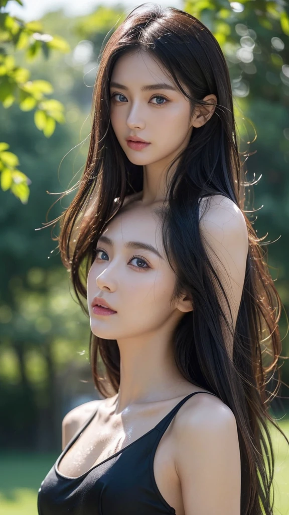 ((Realistic:1.5)),Ulzzang-6500:0.7,((Best quality)), ((Masterpiece)),((Detailed)),2girls,duo,{2 beautiful women}, (Upper body:1.3),Hug and touch each other, Tease your friend's waist, Breathless friends, Biting a friend's earlobe, crouched,super wide shot,Face focus, Long legs,Curvy, Barefoot,Wide hips, Thin legs, Oversized eyes,Long eyelashes, (Detailed face,beautidful eyes, detailedpupils,detailed clothes features, Clear background:1.3), (armlets, bangle:1.3), Mysterious ancient ruins, floresta exuberante, Deep canyon,bridge,River,cliff,Cloud,lakes,Rock music,Waterfalls, Flowers, Grass,grape trees,tree,bright detail,Sharp,Perfect compounding, Intricate, Sharp focus, Dramatic,