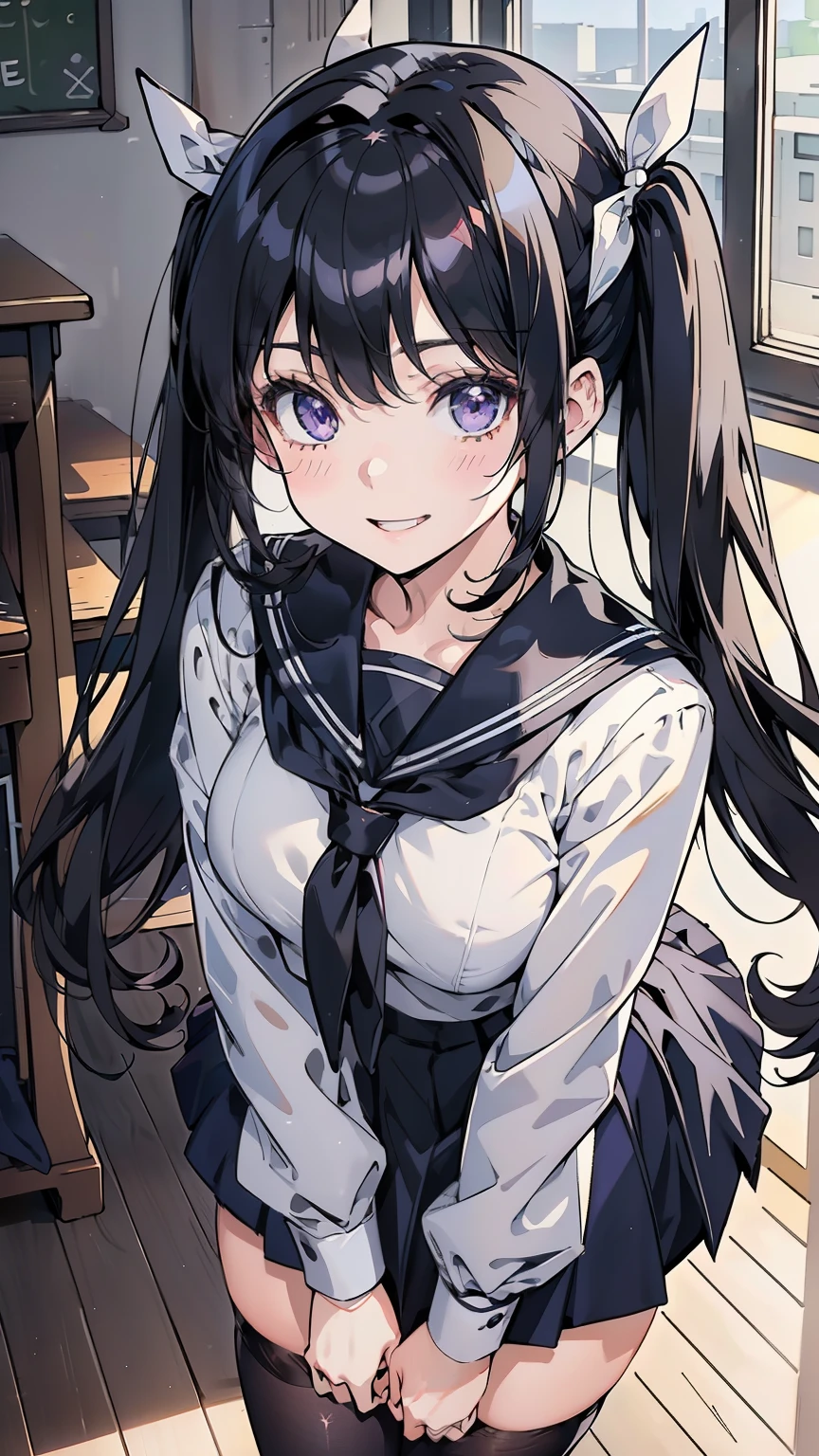 8-headed body, (extremely detailed CG Unity 8k that geeks seem to love), (top quality),(very well detailed),(super high resolution), black hair, high school girl wearing a navy blue sailor suit, animated 2D rendering, realistic young anime high school girl, (white headband that connects to pubic hair and buttocks), smile, purple eyes, small breasts, tall, Slanted Eyes , Classroom View , black stockings, bright color, Please open your mouth slightly, dark blue skirt , twin tails, Tie your hair with a white ribbon,