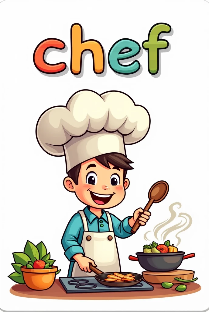 A colorful 3D flashcard showing a happy cook wearing a big white chef ...