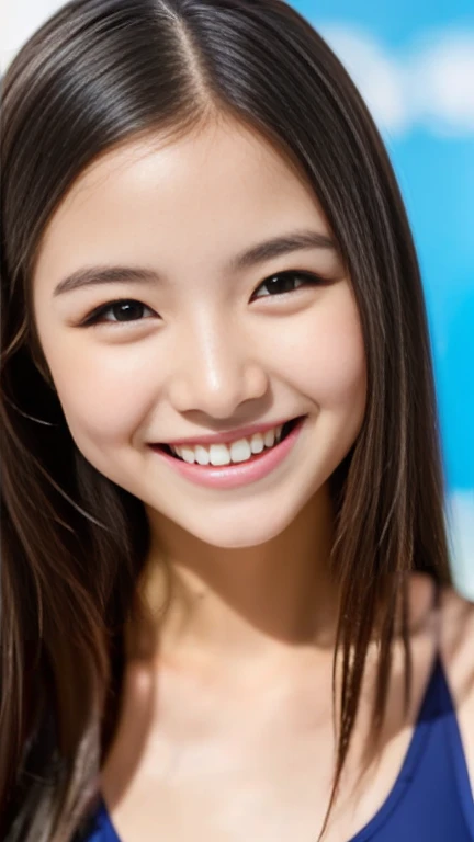 a close-up of a woman with a pink shirt and a blue bow on her head, highly detailed vfx portrait, muka, highly detailed vfx portrait of, brown-skinned woman with a giant smile, muka hiperrealistas, muka foto-realista, muka fotorrealistas, muka fotorrealista, photorealistic facial features