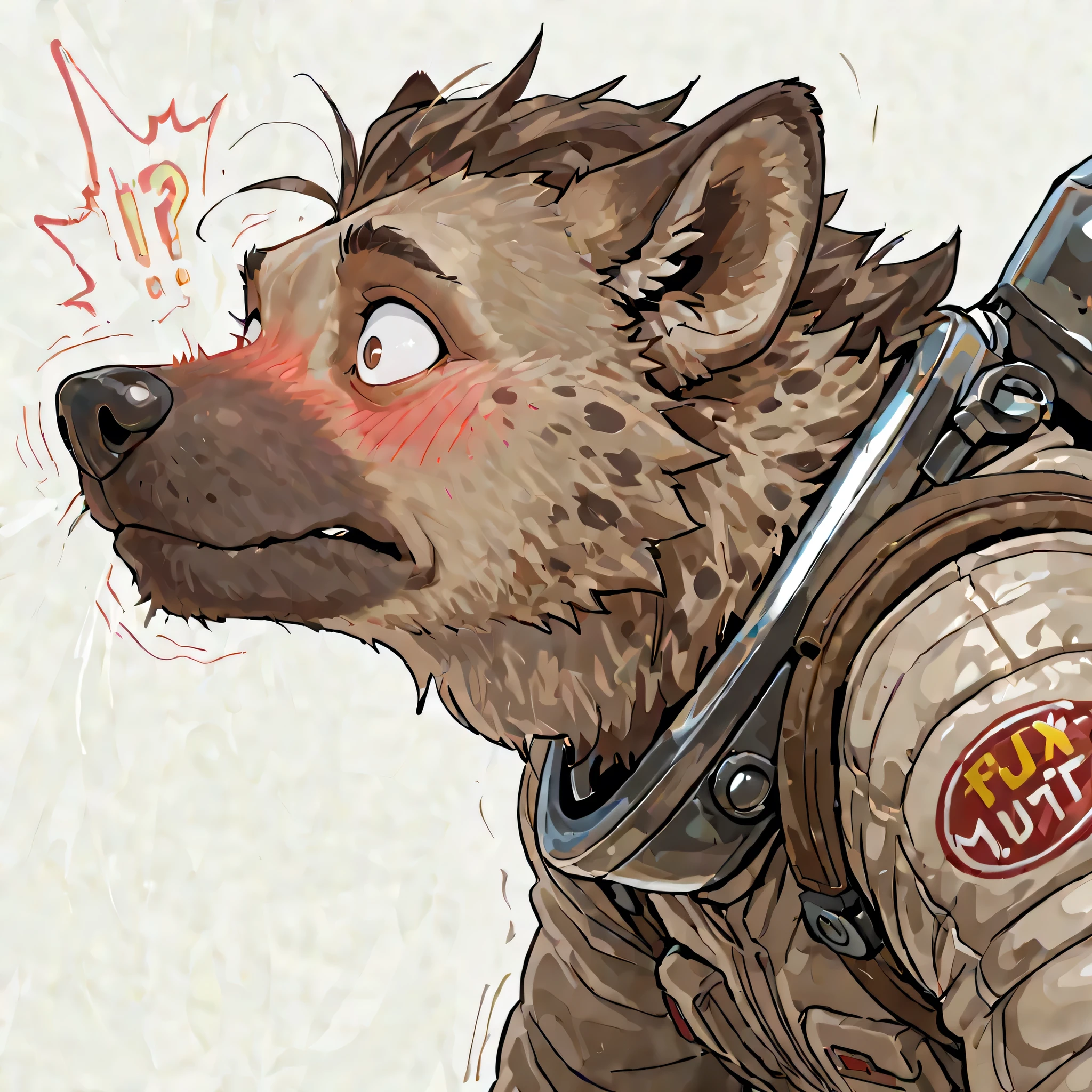 masterpiece, best quality, amazing quality, anthro hyena, male, masculine, brown fur markings, (small ears), solo, brown eyes, ((handsome mature man)), ((blushing)), dynamic pose, (surprised), slack jawed, white background, brown spacesuit, no helmet, face focus, (cute)