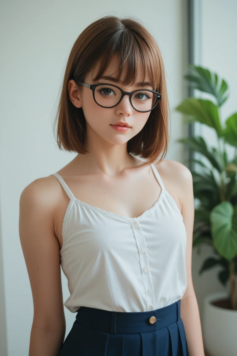1girl, solo, blonde, bobcut, cute, bright pupils, glasses, cropped top, RAW photo, (high detailed skin:1.2), 8k UHD, DSLR, soft lighting, high quality, film grain, Fujifilm XT3, RAW candid cinema, 16mm, color graded portra 400 film, remarkable color, ultra realistic, remarkable detailed pupils, shot with cinematic camera