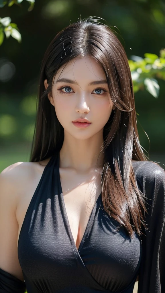 ultra high res, masterpiece, best quality, perfect glossy shiny skins, perfect lighting, detailed lighting, dramatic shadows, ray tracing, black sweater, looking at viewer, off shoulder, blue Eyes, sharp face, sharp eyes,  long bangs, open mouse, ((Dark background))，white skinned，brown  hair，shorter pants，pony tailrown eyes，Realistis，Curvaceous pose，Bigchest，huge tit，low chest