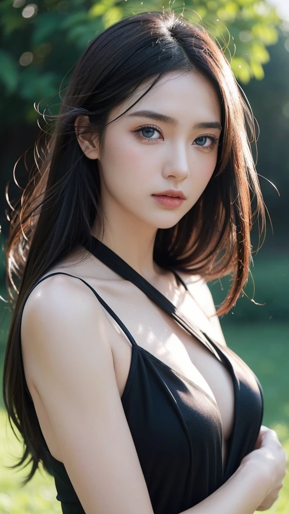 (masutepiece, Best Quality, Photorealistic, hight resolution, Photography, :1.3), Very close-up shot, Sharp Focus, 1 brunette girl, European Girl, hotmodel, Midriff, Highly detailed eyes and pupils, Realistic skin, Slim body shape, cleavage, very detail hair, Delicate sexy face, Organoleptic gas, shiny lips, ((wearing camisole)), ,The background is a town, ((Realistic, Super realistic, Realism, realistic detail))