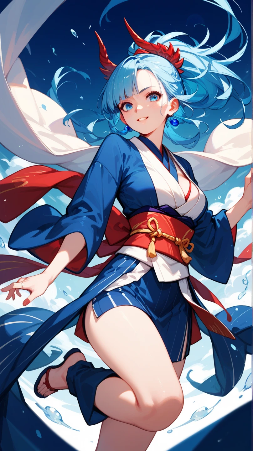 (masterpiece, best quality), 1girl, <lora:tomoe_v01:1> tomoe_mf, aqua_hair, japanese_clothes, bare_shoulders, detached_sleeves, cleavage, sash, sandals, scarf, red_eyes, hakama
