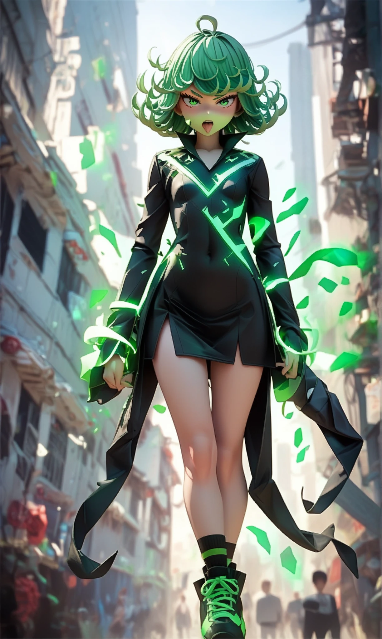 (((One girl))), Shibuya, street, blond hair, bob cut, (looking at viewer), (((full body))), squatting, spread legs, head rest, breasts, teenager, head tilt:1.3, (((blue eye))), constricted pupils, (from side:1.3), ((happy smile)), (((black hoodie:1.3, black shorts:1.3))), bare legs, ((black platform high cut sneakers)), anime style, (best quality, 4k, 8k, highres, masterpiece:1.2, ultra-detailed, ultra-detailed eyes, HDR, UHD, studio lighting, ultra-fine painting, sharp focus, physically-based rendering, extreme detail description, professional, vivid colors, bokeh)