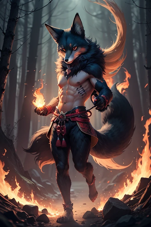 wolf, man, ((black skin, extremely detailed body, detailed paws, serious expression, 4k, 8k, ultra-detailed)) (perfect anatomy), detailed hands, ((heterochromia, blue right eye, red left eye, extremely detailed eyes)), ((chest tattoo, red tattoo, waning moon tattoo)), full body vision, cinematic lighting, professional lighting, centered, looking at camera, 8k, 3d shader, maximum focus, depth of field,  perfect lighting, light particles, (best quality), sharp focus, light particles, standing, black shorts, standing, detailed legs, detailed paws,