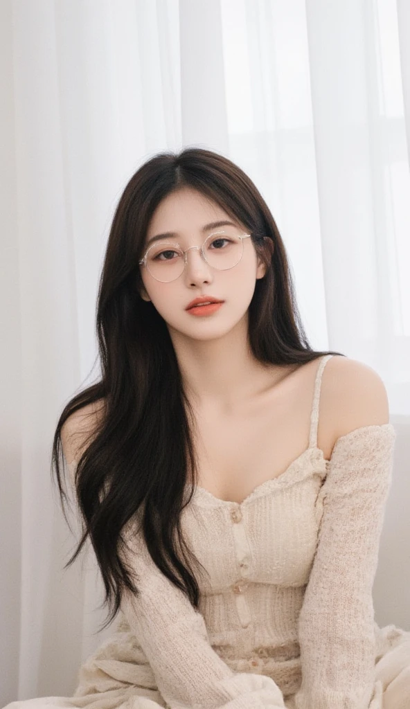 A perfect young female white-collar worker，Chinese，High picture quality，Works of masters，Black hair，Long hair flowing over the shoulders, Wear glasses and a cap, Blured background，outside, deep shadow, Real Human，CG rendering，16k，Stand up，Empty interior，Do not show your hands，Close-up shot