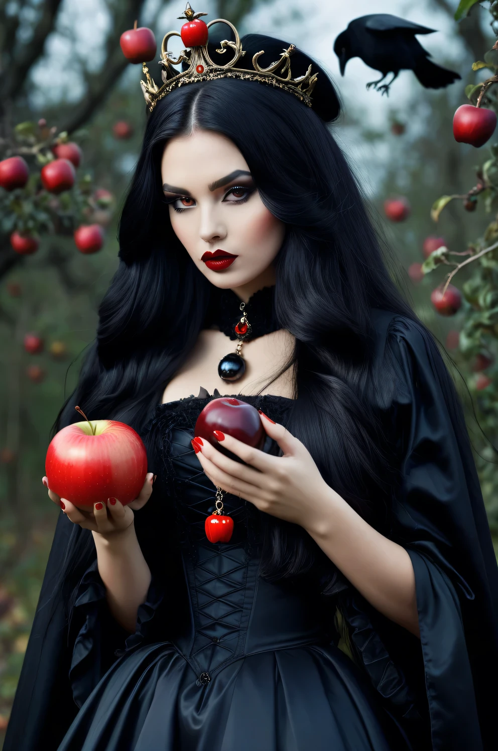 Girl,long black hair,black queen,Accessories,apple in hand,poisoned apples,witch queen,red lipstick