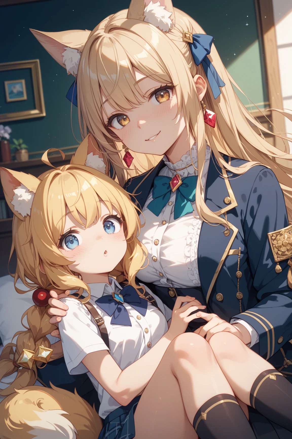 ((Highest quality、High resolution))、blonde、Two cosplay beauties invite you to sex、No pants、((I'Iのマンコを見せてあげる))、Love Juice