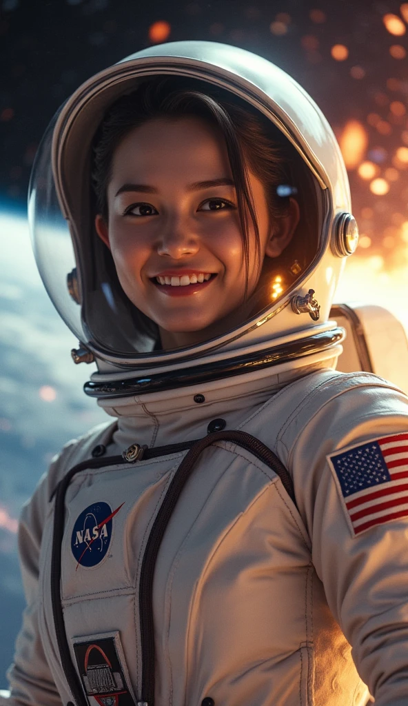 waifu style, Astronaut  in autumn, atmospheric lighting, cinematic composition, detailed, art by Diego Velázquez,Enki Bilal,Lucian Freud, Smiling happily