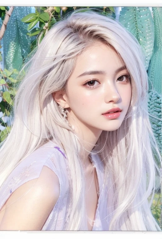(Surreal), (figure), (High resolution), (8K), (Very detailed), (best figure), (Detailed and beautiful eyes), (highest quality), (Super detailed), (masterpiece), ( wallpaper), (Detailed face), alone, 1 girl, Wavy white hair, Korean, Different Eyes, Long legs, Toned Abs, 