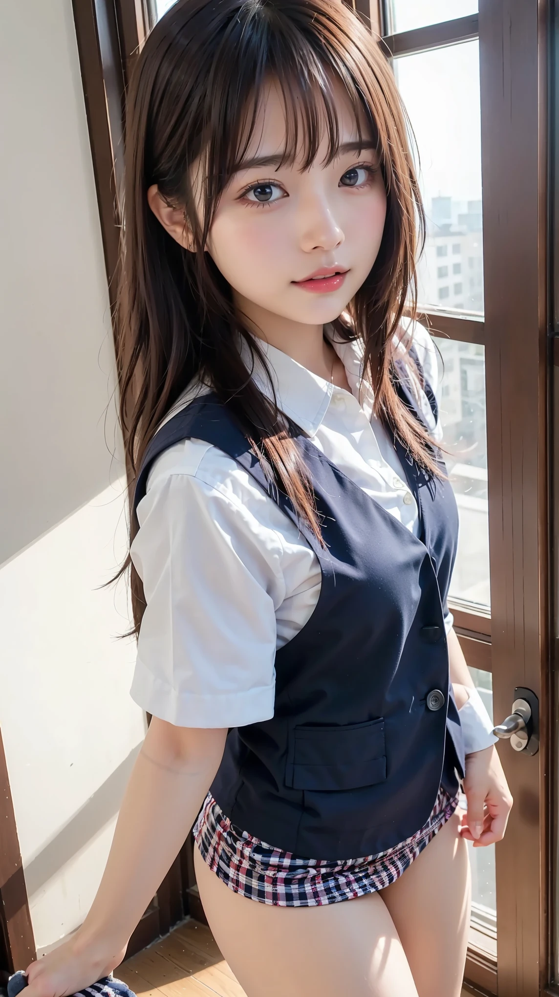 (( top quality )), ((masterpiece)), ( high resolution), 8k, best shadows, Vest Natural Light , The girl is climbing the stairs 、 thigh、Butt、navy blazer、 Navy Check Skirt 、( navy socks)、((panty wedge))、straight back to straight down angle , (( panties close-up))、 navy socks、 station stairs、School route, (Peeking:1.4), 美しい thigh, looks in、
