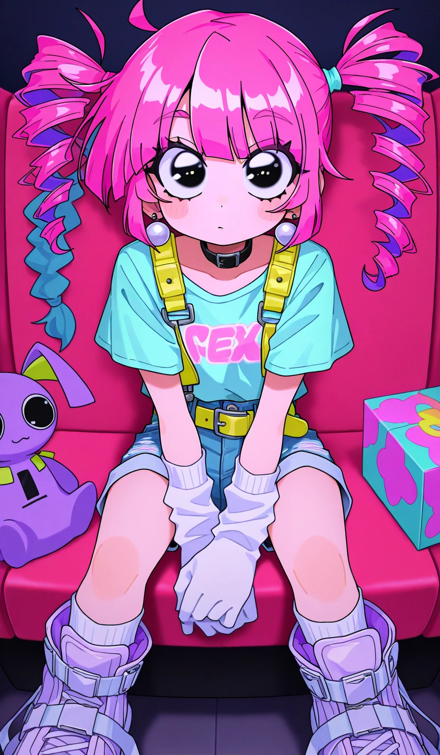 An attractive boy in a room full of Rainbow High, Barbie, and Monster High dolls. He is happy and hugs a doll. Spread of color, Messy room, Anime background art, messy bedroom, 8 0s anime art style, Dolls room, sitting in her room, Cute room, 8 0s anime vibe, 9 0s anime art style , Inside a messy room