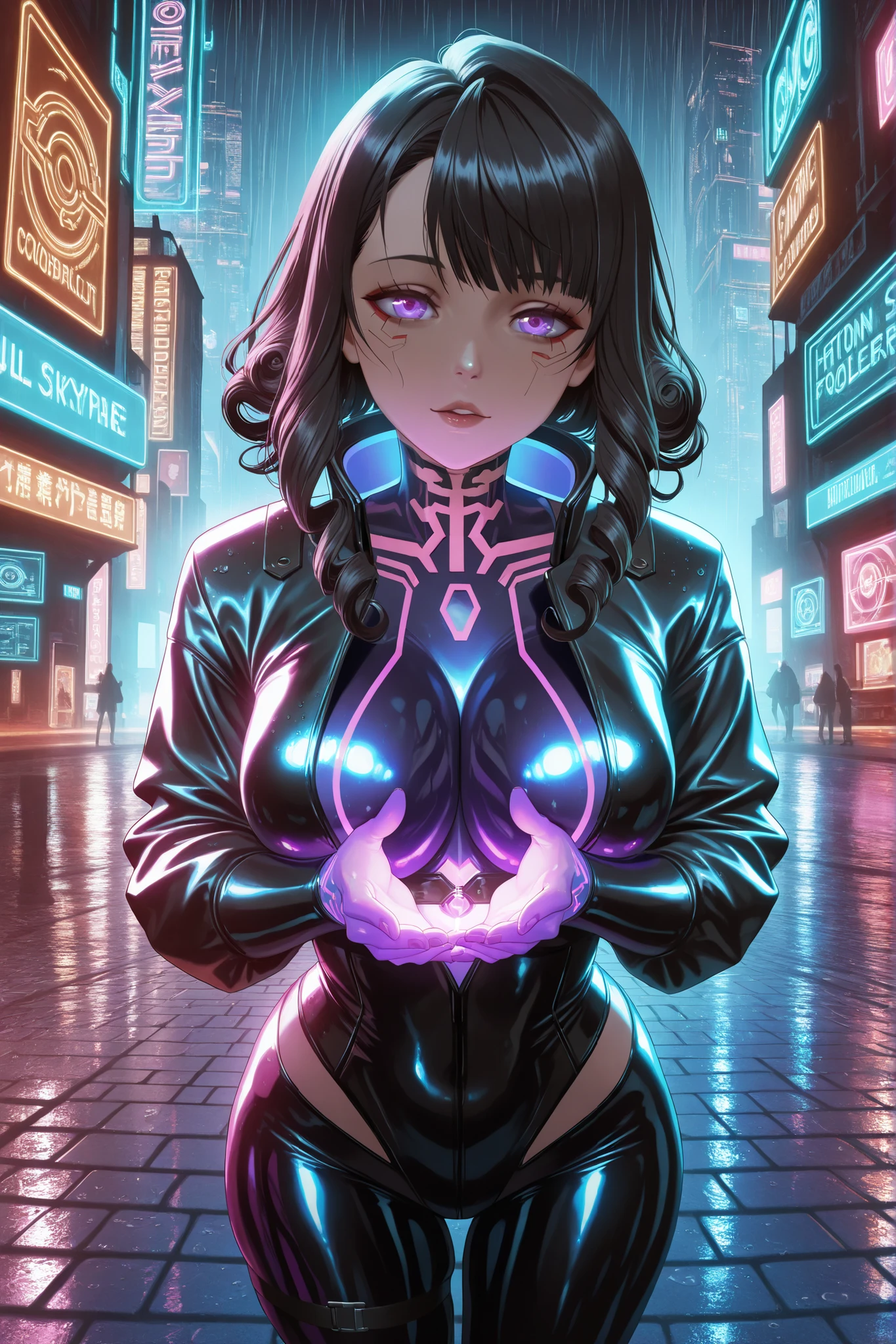 Gold City (Cyberpunk Femme), ((purple glowing jewelry)), underbust, breasts, (voluptuous breast emphasized by design), ((long curly black hair)), purple eyes, glowing eyes, sultry gaze, expression with subtle affection, inviting yet confident, ((latex skin tight, matte black leather jacket slightly open, glossy cyberpunk suit with neon accents)), standing in a futuristic cityscape, extending her hand towards the viewer, fingers lightly curled as if inviting to join, slight tilt of head, poised and alluring posture, dynamic composition, ((neon-lit streets, towering skyscrapers, holographic billboards, rain-soaked pavement reflecting vibrant colors)), masterpiece, best quality, amazing quality, very aesthetic, absurdres.
