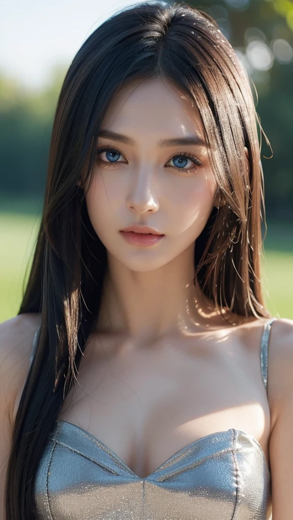 Black Hair、Blue Eyes、Beauty、Gal、The front hair is up、long hair、gorgeous、Long eyelashes、Big Eyes、Earrings、She is wearing a see-through jacket over her bare skin.、Cleavage、tits、whole body、Great thighs、Beautiful abs、Slimy skin、Oily skin、Wet skin、dark-colored skin、Light reflecting skin、Glossy finish、Realistic details、Perfect body