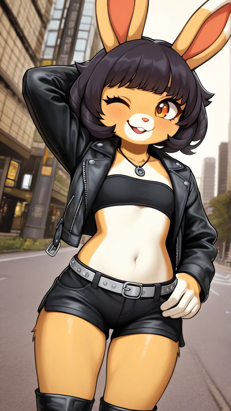 (8k), (masterpiece),( lip gloss, eyelashes, glossy finish, shiny skin, best quality, super high resolution, depth of field, yellow eyes, Werewolf Girl, short jean shorts, short shorts, short hair, black hair, girl, hairy, red jacket, red jacket with white shirt inside, white shirt, belly out, tanquinho outside, smiling, wolf ears, wolf tail, dark skin, dark-skinned girl, brown color ethnicity, sharp teeth