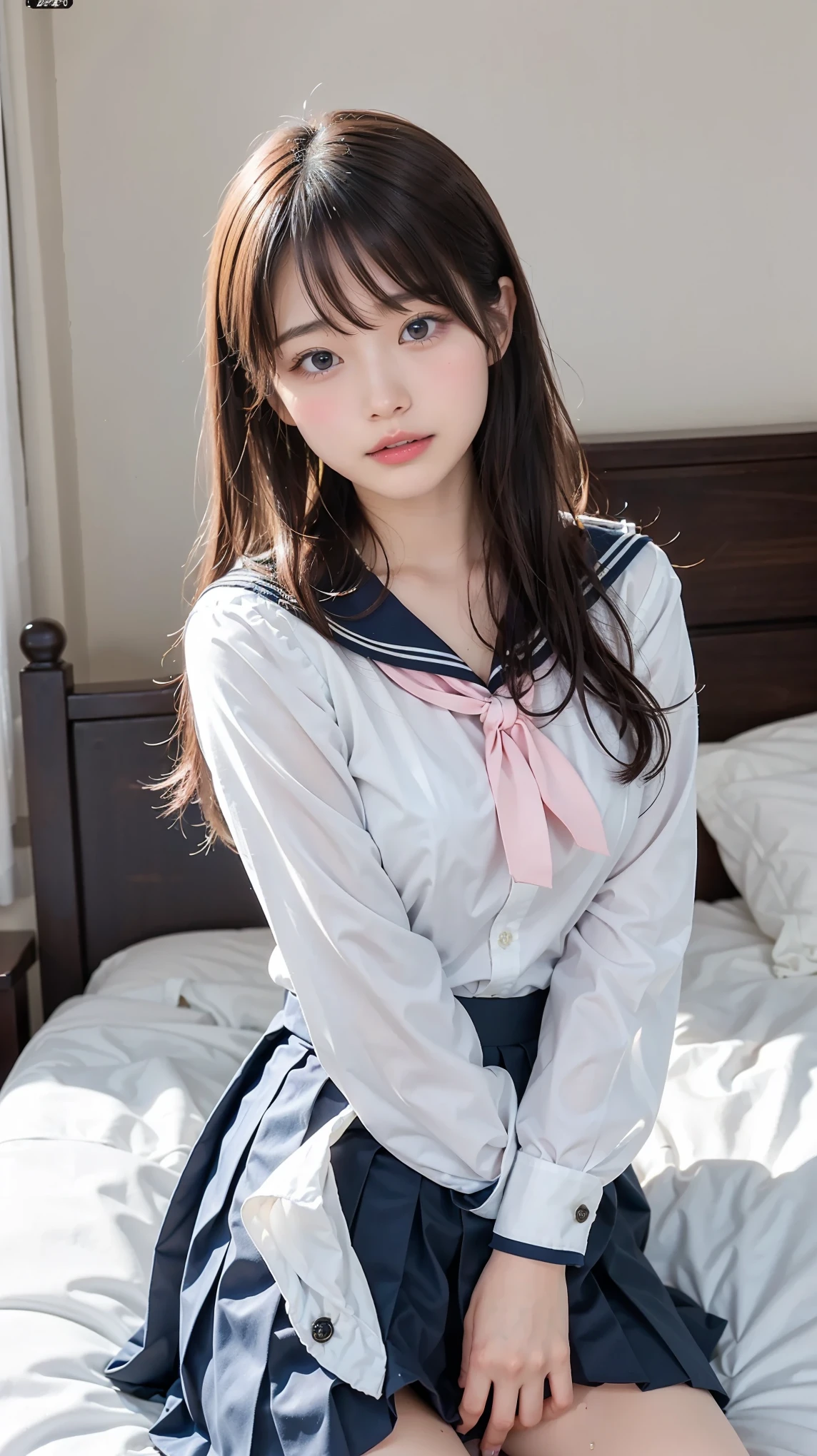 score_9, score_8_up, score_7_up, super detailed, exquisite resolution , 32K, Penis Masterpiece , top quality, super high definition , beautiful Japanese woman , black hair,upポニーテール:1.5, Shortcut,( open your mouth+ drool ), wet hair , ( white blouse、 dark blue pleated skirt、 navy blue sailor color 、 pink panties :1.3)、 Big Breasts :1.5,the above,catに集中する, on the bed、 large amounts of semen、A plump、cat、oily skin:1.3、 low-leg panties:1.3、 vaginal、 throw、nsfw, 1 boy and 1 girl,orgasm:1.5、doggy style from mi、 thick butt :1.2、pronbone:1.5
