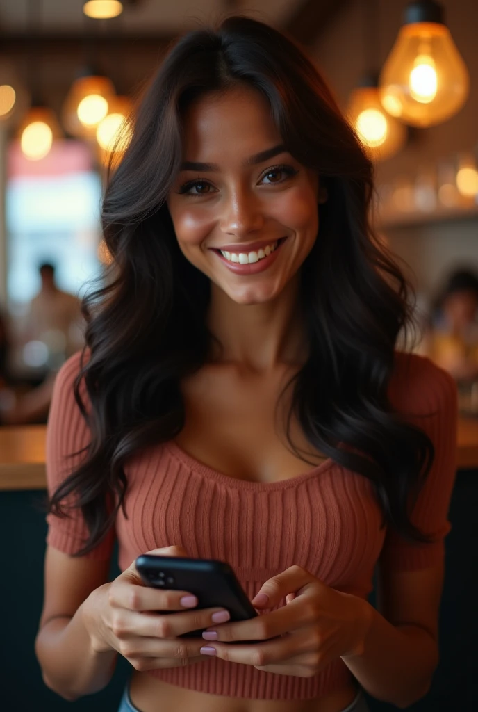 Black Eyes, 1 woman, (female)), solo, real, top quality, photorealistic, masterpiece, 8K, HDTV, solo, hdtv face, soft lighting, terrace of villa, ((evening)), outdoor, blue hour sky, (chin up and closed eye), (portrait: 0.6), full-body, (medium hair), ponytail, black hair, floating hair, using headphone, lips, lipstick, seductive smile, Floating hair, smile, open mouth, teeth, eyelashes, idol, beautiful girl, ((mini pants)), leaning on the fence, enjoying the music