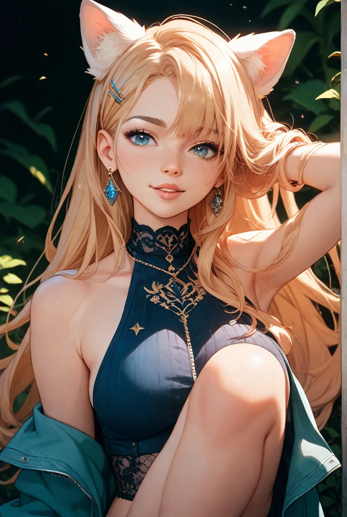 ((Masterpiece, best quality,edgQuality)),
long hair, breasts, looking at viewer, smile, blue eyes, blonde hair, hair ornament, navel, medium breasts, underwear, panties, braid, detached sleeves, bra, lips, blue background, underwear only, blue nails, blue panties, blue bra, wearing edgHL
<lora:edgHentai_Lingerie_R:1>