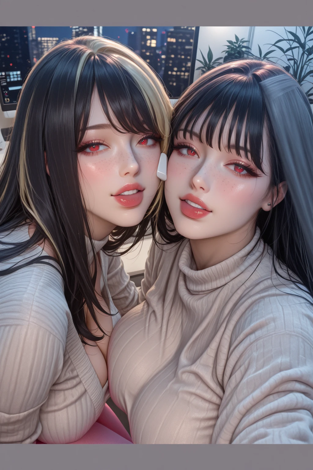 8k,highres, 1girl, (two_heads:1.3), indoors, looking at the viewer, wearing a black t-shirt and jeans, long hair, bangs, upper body, portrait