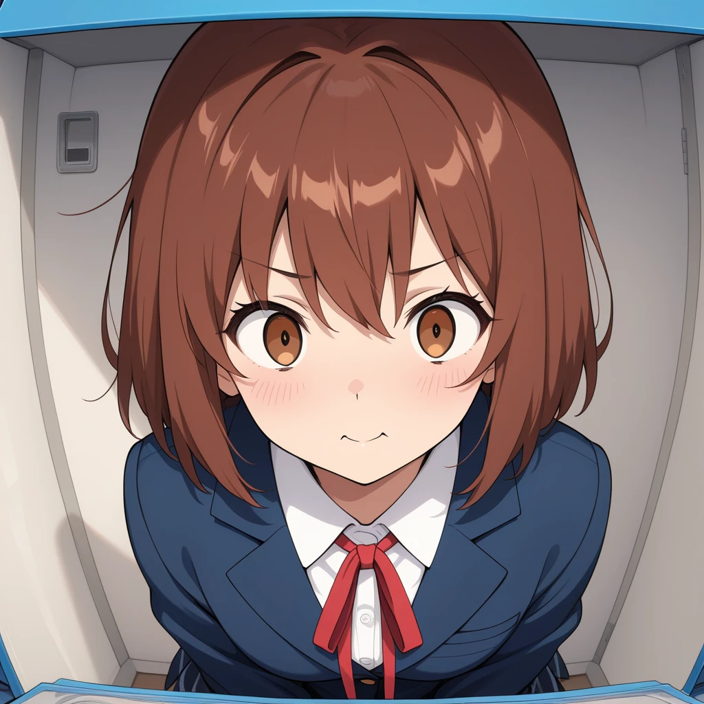 (1 Girl,Brown Hair, Perfect Skin, Black mini skirt : 1.5), cute, Highly detailed face, (From below:2), Train room, Very small breasts, (Baby Face, Small body), Big smile, Shot, Upper floor, School、