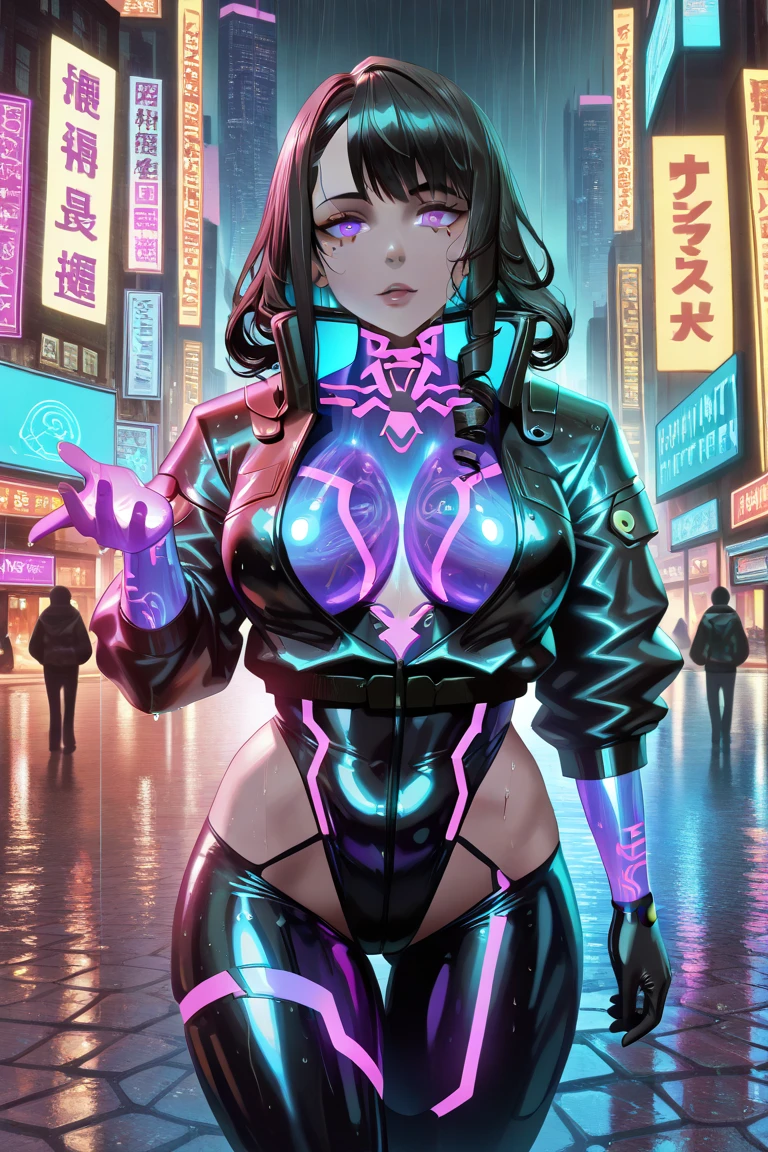 girl spacepunk,(1girl),((cute and beautiful black haired girl)),
(large breasts:1.4),saggy breasts,(((black wavy hair:1.35,absurdly long unkempt hair,messy hair,colored inner hair,ear breathing))),(((purple_eyes:1.3))),intricate eyes,beautiful detailed eyes,symmetrical eyes,((fat)),(((lustrous skin:1.5,bright skin: 1.5,skin tanned,shiny skin,very shiny skin,shiny body,plastic glitter skin,exaggerated shiny skin,illuminated skin,wet legs))),(spider lower abdomen,narrow waist,wide hip,athletic body,inflated legs, thick thighs,detailed body,(detailed face)),
cute,slutty,erotic,((nsfw)),
zettai ryouiki,revealing clothing,show skin,(wearing a mechanical space body armor:1.3,micro armor bikini,bare legs),with micro clothes,almost totally naked,with little clothing,tiny thong,generous neckline,(((wet clothes,intricate outfit,intricate clothes))),
dynamic pose:1.0,embarrassed,(centered,scale to fit dimensions,Rule of thirds),
cyberpunk city by the ocean at night, with bright neon signs and dark stormy clouds and puddles, scenery:1.25,nighttime, starry night, cosmos,Very dark night that makes the neon lights stand out, very bright neon lights,nighttime, starry night, cosmos,
artistic photography,(photography taken by sldr),highres, sharp focus,(ultra detailed, extremely detailed), (photorealistic artwork:1.37),(extremely detailed CG unity 8k wallpaper),((synthwave background theme)),(((vibrant colors))),intricate,(intricate background),(masterpiece),(best quality),perfect rendered face,perfect face details,realistic face,photo realistic,analog style,((intricate detail)),(((realism))),