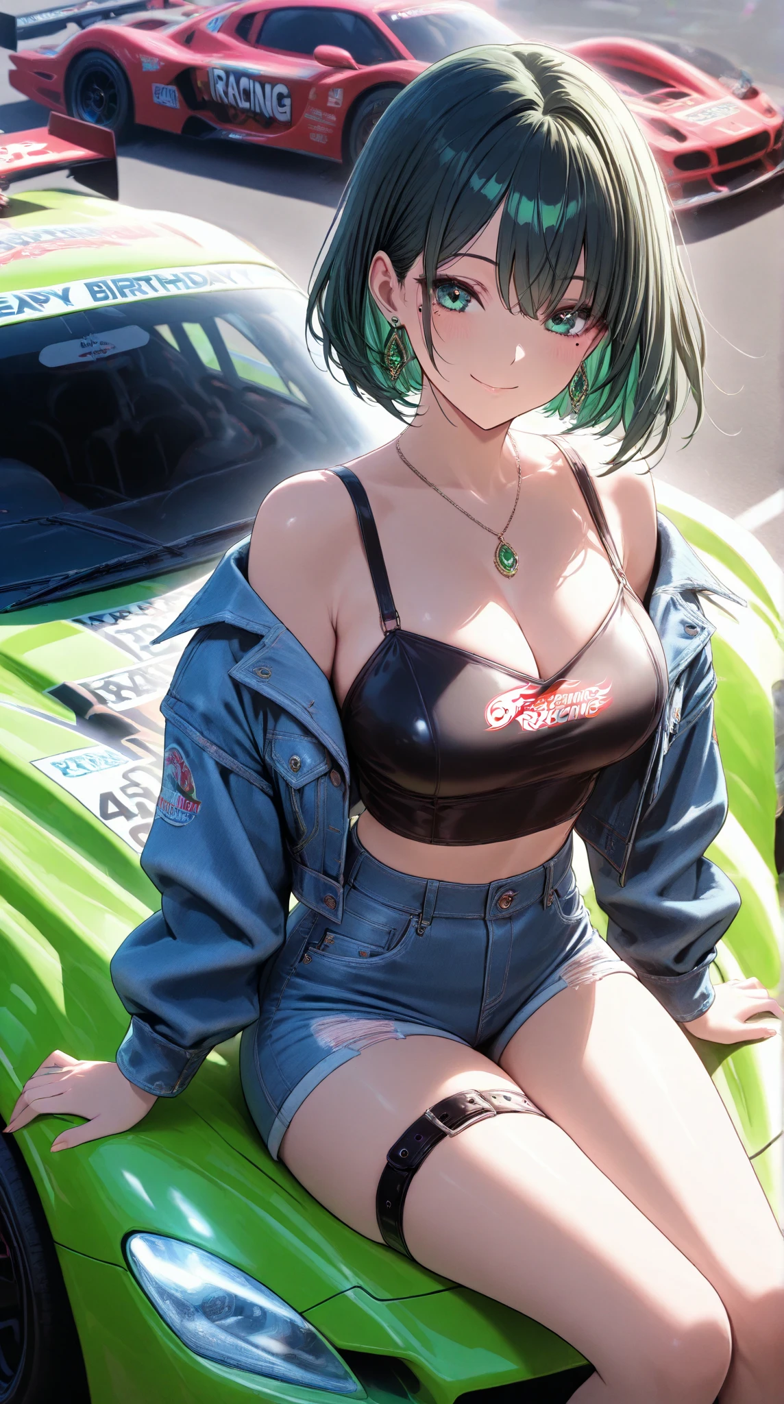 sitting on the car in background, Bulky, misty, orange bum hair, green left eye, red right eye, side_ponytail, yellow_sleeveless_cropped_shirt, tiny denim shorts, small breasts, red suspenders, wet silky skin, water dripping down body, shirtlift, shiny skin,  sweating, red cheecks, belly, navel, nature, city, overgrown, lush vegetation, vines, running, worried face, (perfect ???????,perfect fingers),