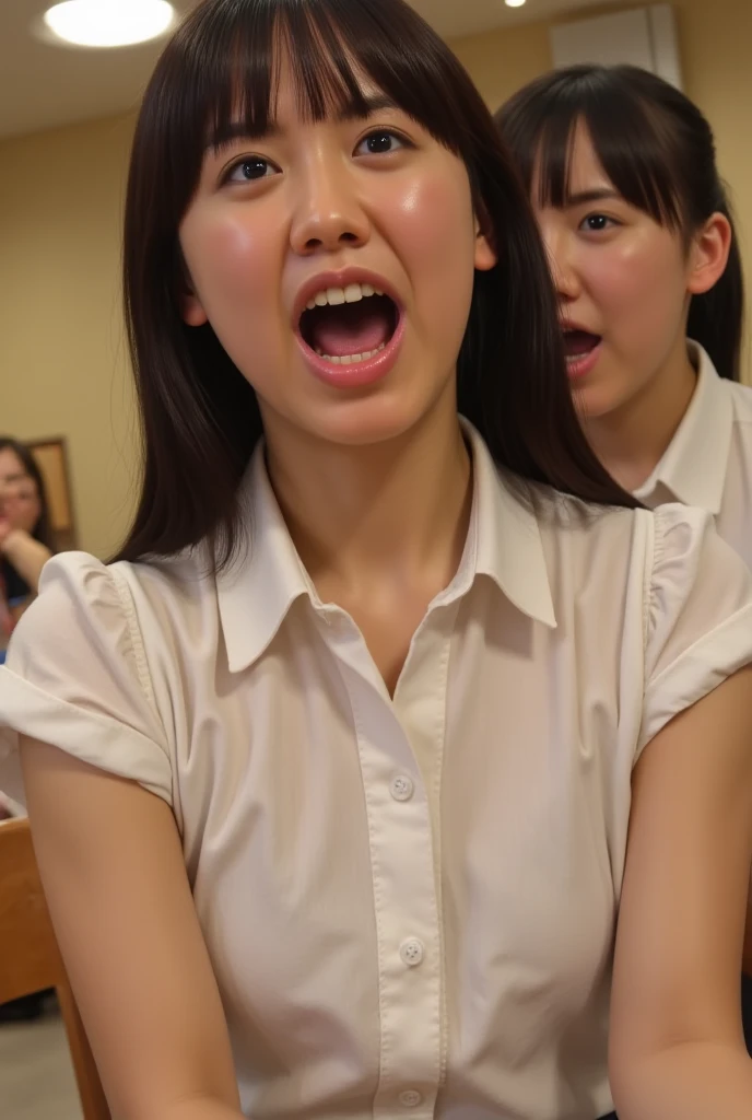 Naked Japanese girls in school classroom,,Age 35,bangs,(((Drooling on a man)))A small smile,Thighs,Low Ponytail,From below,Front light,((((Surrounded by men))))