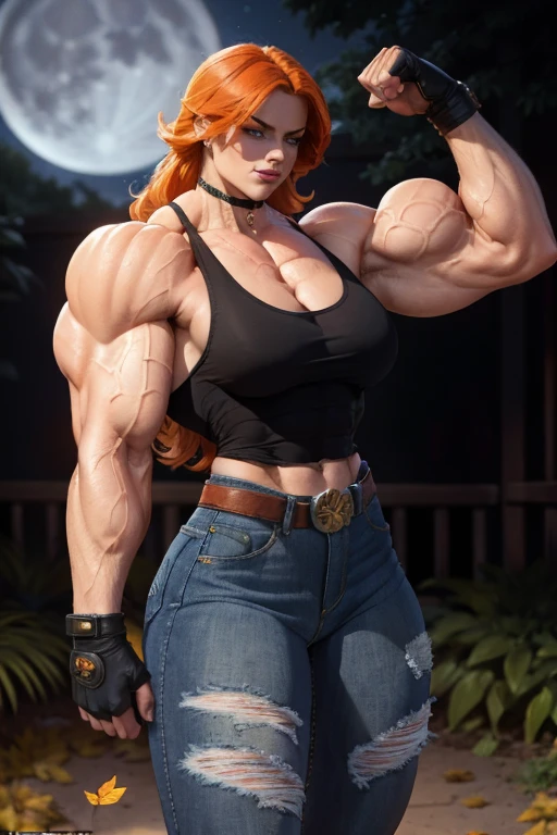 (((((Massive tall, beautiful, buff, pale white skinned muscular woman with orange hair, black lipstick, ginormous bulky muscles, and wearing a orange lace bra with tight denim pants))))), close view, massive muscle, massive biceps, hyper muscle shoulders, (massive muscle arms), vascular shoulders, hyper muscle triceps, (shaggy long hair), green eyes, choker, (long fingerless gloves), black boots, (in a rainbow city), confidant smile, night, hyper vascular arm, hyper muscles arms, hyper muscle legs, (massive arms).