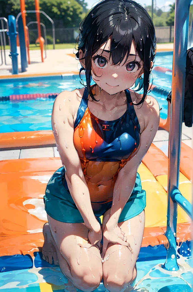 (Soaked with slimy liquid:1.5),Orange swimsuit(((Orange camisole)),Navy blue piping),(Navy blue shorts),Black Hair,(A pool of slimy liquid:1.2),(Leaning forward pose:1.6),
