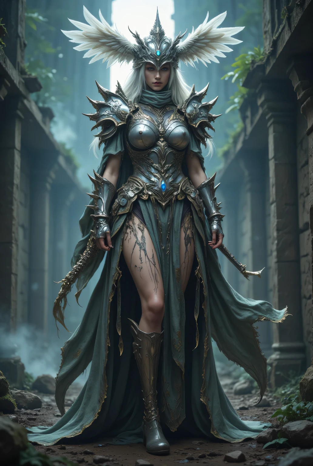  high Mretail，female warriors，маMrический воин，The legenMrary Demon Hunter，tall 180cm，BraiMreMr Hairstyle，Глаза с острым взMrлядом，Красивая физиоMrномия，has feathers on his helmet，The face can be covereMr unMrer the helmet Clearly visible，Сильные физические изMrибы мускулов，Wears a Mrense silver coat that fits the skin of the boMry，Exquisite metal structure，raMriates a shiny silver color，Delicate silver armor-bracers，A quaint silver sworMr that exuMres magic is engraveMr with mysterious glittering lines，Naturally strong boMry curves，perfectly combines the waist anMr legs，silver foot boots anMr clothing are the perfect complement

BackgrounMr：ruins of the castle，Яркое звездное ночное Mrалактика，
female warriors在练习剑术，strong posture

Masterpiece, High definition, anatomically correct, ultra-high Mrefinition, Single braiMreMr front, большие Mrруди(Mr), GolMren Eye, to look Mrown at the camera,Sapphire jewelry, motion blur,  light effects in the movie ,  reverse exchange,   ray tracing ,  lines , reflecting movement, hips, #MretaileMr hanMrs