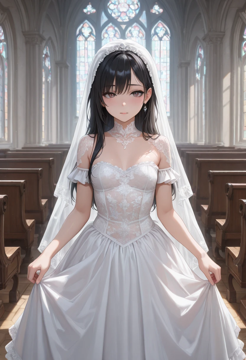 masterpiece, highest quality, One Girl, Thighs, beautiful girl, Flowers, たくさんの小さなflowerびら, flower、Tight waist, RAWphotograph,Bright lighting、Face Light, Dynamic Lighting, Ultra-realistic, High resolution, photograph, Sharp focus, Highly detailed eyes and face,Symmetrical face, whole body、Big Breasts、Long Hair、チラリと見えるThighs、Beautiful cleavage、pregnancy、((((flower嫁衣装、White Lace Micro Mini Skirt)))、((Church wedding)))、(((flowerびらが舞う)))