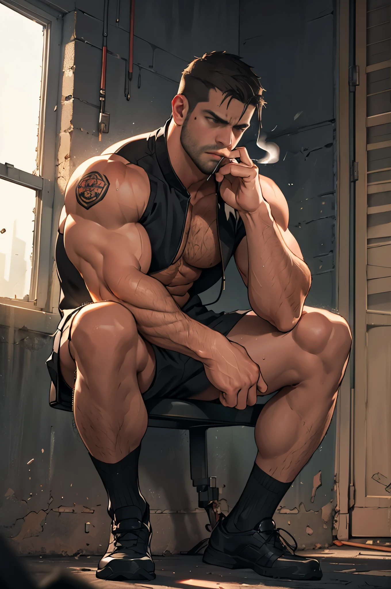 Height 195, grandfathers, bearded, mature muscular male dad, lying shirtless on soft sofa, wearing erotic fashionable black panties, 1s, strong as a cow, energetic, energetic, single bedroom, used tissues everywhere, clothes with stains worn on the floor, messy rooms, smelly black socks worn aside, best quality, Japanese, only black panties, white socks, bad, masterpiece, super high resolution, detailed background, reality, illustration, single, 1 boy, muscle man, volumetric lighting, depth of field, wheezing, raised crotch, handsome movements, big dynamics